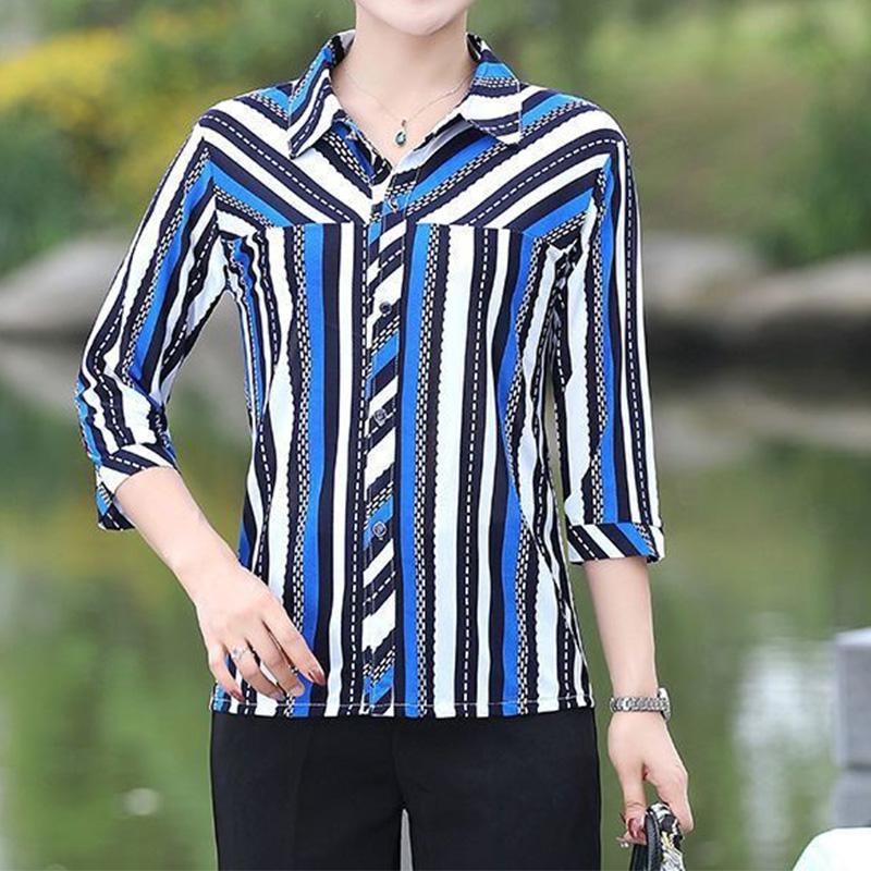 

Офис Леди Повседневная Мода Полосатая Принтованная Рубашка на Пуговицах Лето Новинка Поло-Воротник Половина Рукава Свободный Кардиган Топы Женская Одежда 5XL синий