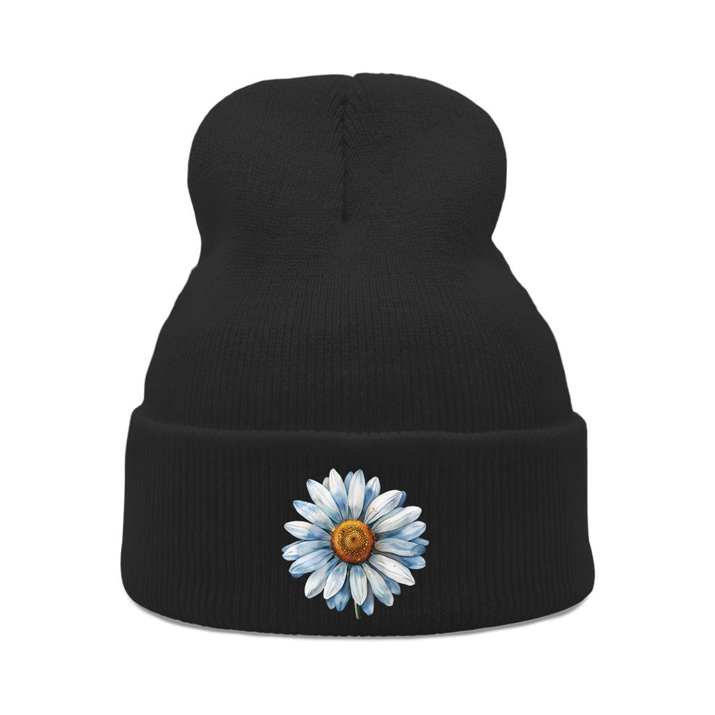 Blue Daisy Print Warm Winter Hats Unisex Knitted Hat Beanie Man Cap Stretchy Warm Knit Cap Beanie Ideal Choice For Gifts