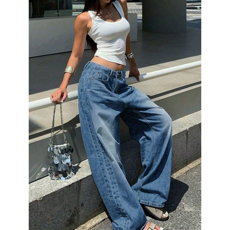 Retro Blue Washed Straight-leg Denim Female American Stylish Loose Easiest for Match Casual Wide-Leg Draggle-Tail Trousers