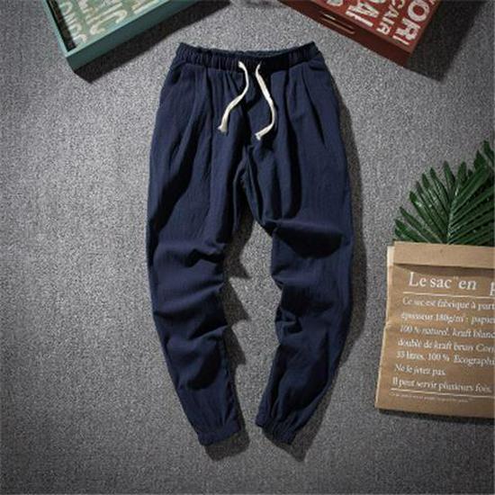 Men's Loose Straight Elastic Waist Linen-Cotton Tang Suit Pants for Spring and Summer