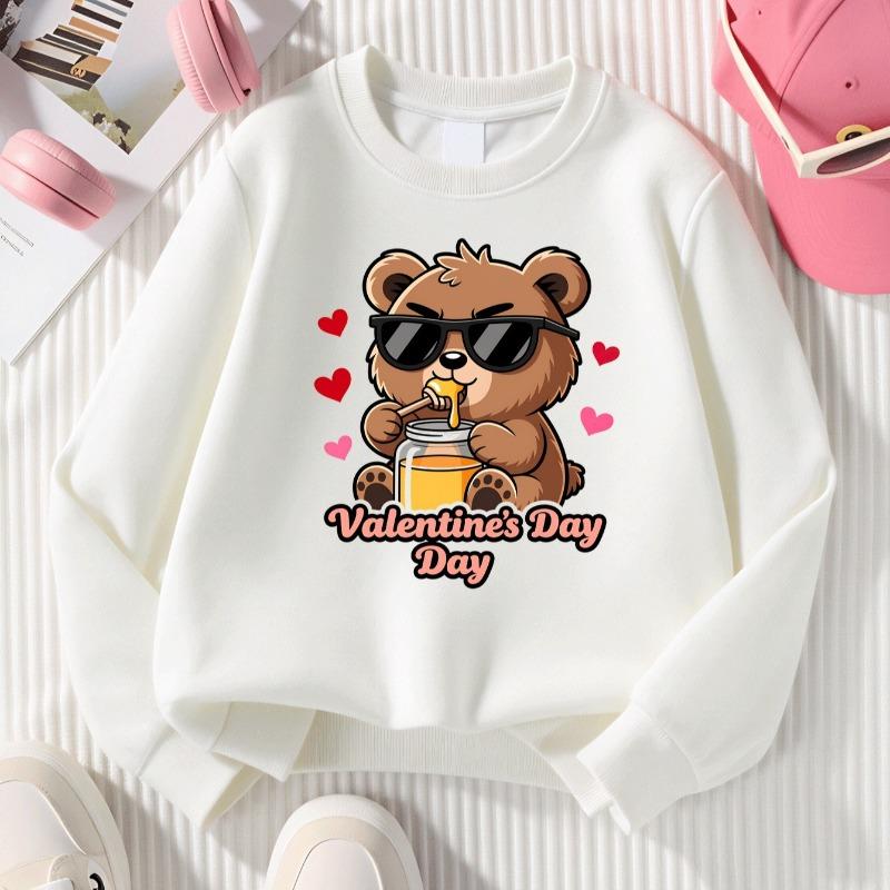 Kids Crewneck Long Sleeve Sweatshirt,Cute Bear Wearing Glasses Eating Honey Valentine Print