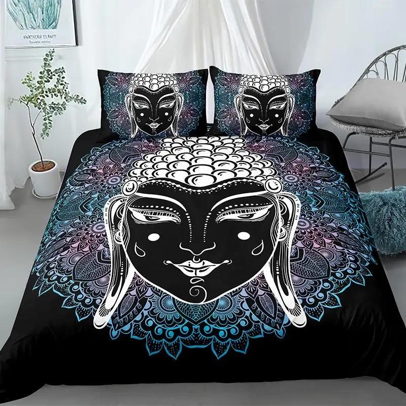 Buddha Duvet Cover Set King Size Exotic Ethnic Bohemian Bedding Set Microfiber Golden Buddha Statue Print Gorgeous Quilt Cover