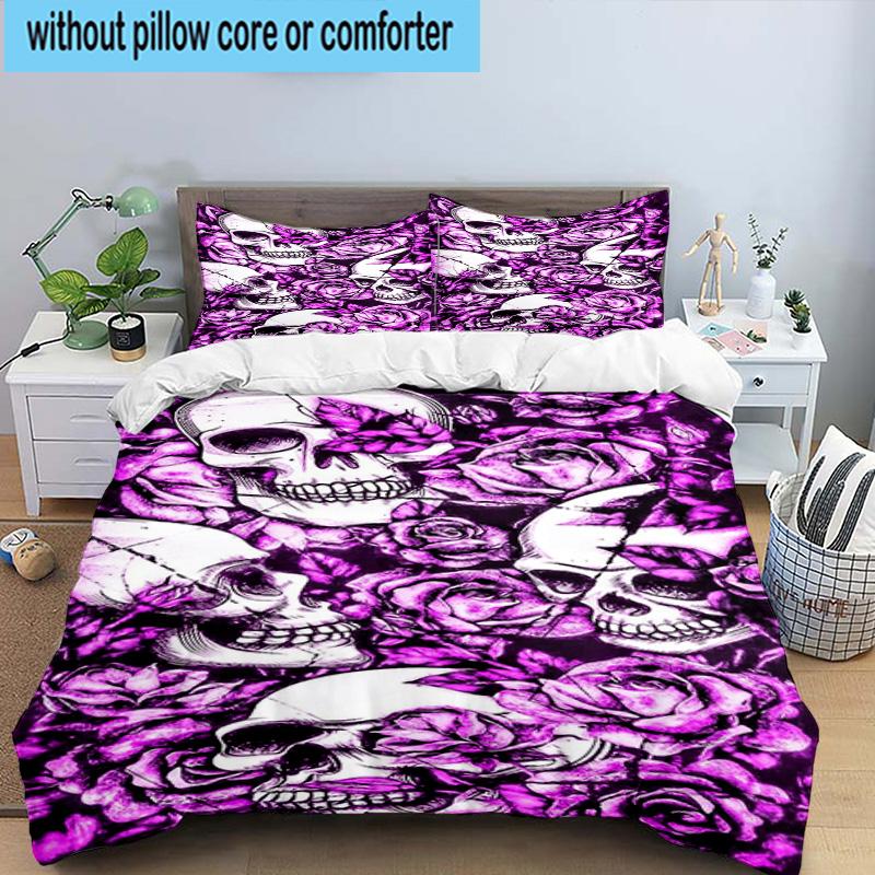 Skulls And Roses Artwork 3pcs Bedding,Including 1pc Duvet Cover And 2pcs Pillowcases Perfect for Christmas,Ideal for Bedroom, Dormitory