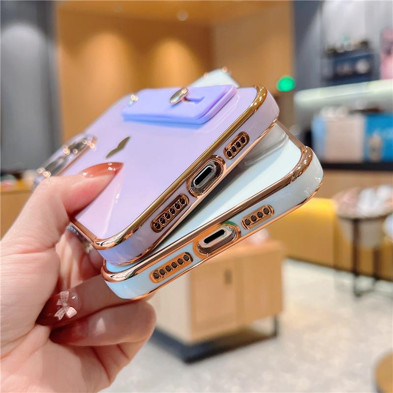 Korean Cute Electroplate Love Heart Wrist Strap Case For iPhone 14 13 Mini 12 11 Pro Max X XS XR 7 8 Plus Shokcproof Stand Cover