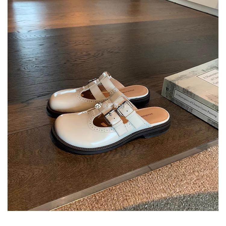 

Grape mother same sunset Wilton~ open edge bead cowhide big head double buckle carved Mary Jane semi-drag cool slippers 40 белый