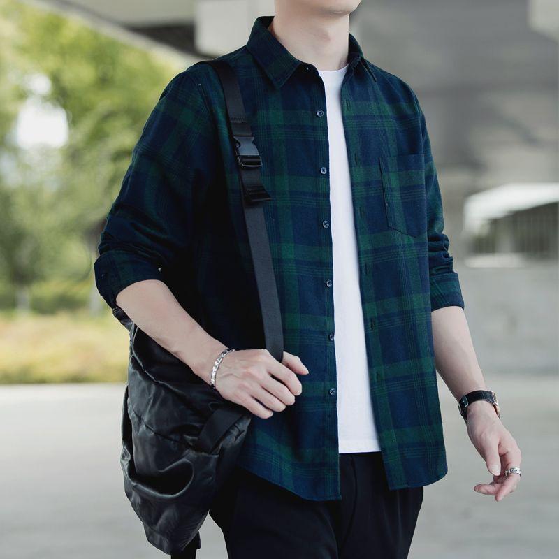 Autumn New Thickened Plaid Shirt Men's Casual Long-sleeved Shirt Korean Style Loose Jacket