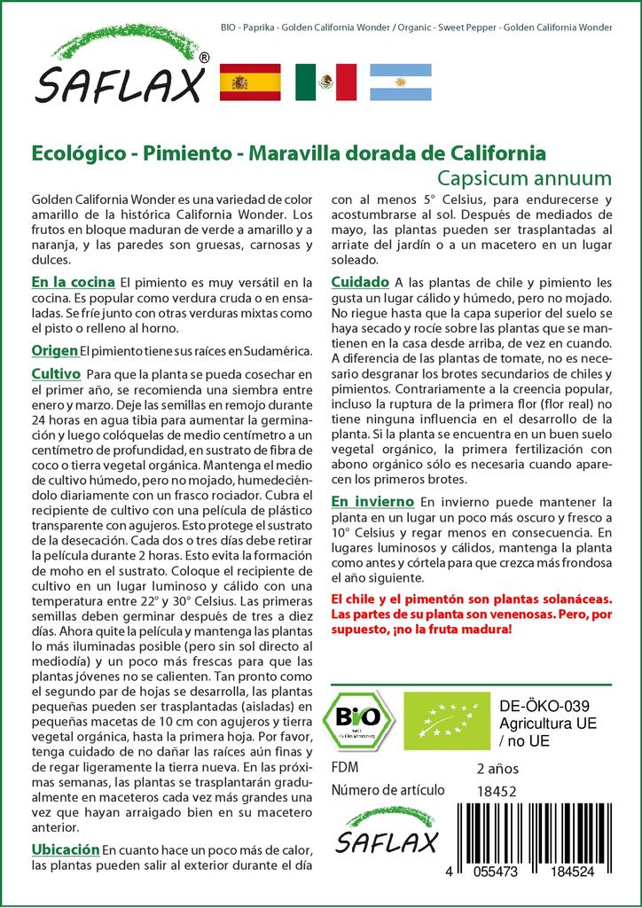 SAFLAX Garden In the Bag - Organic - Sweet Pepper - Golden California Wonder - 20 Seeds - With Substrate In a Fitting Stand Up Bag - Capsicum Annuum