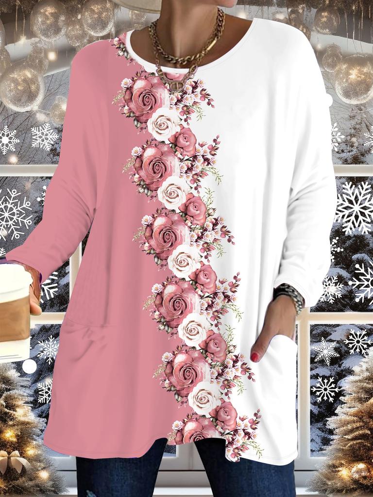 Осень-Зима 2025 Новые Женские Топы Большого Размера, Модные Футболки с 3D-принтом цветов, с Круглым Вырезом и Длинным Рукавом
