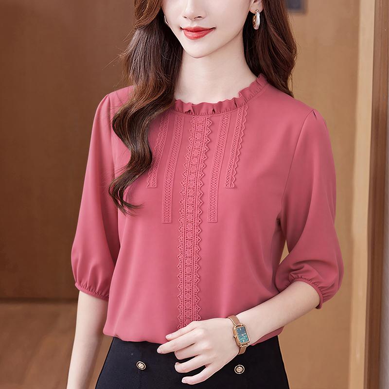 ZANZEA Women Casual Round Neck 3/4 Sleeve Loose Splice Lace Blouse
