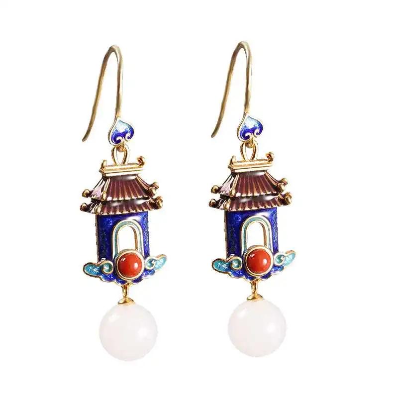 Exquisite and luxurious court-shaped earrings for women retro style Hetian jade enamel porcelain craft Hanfu jewelry