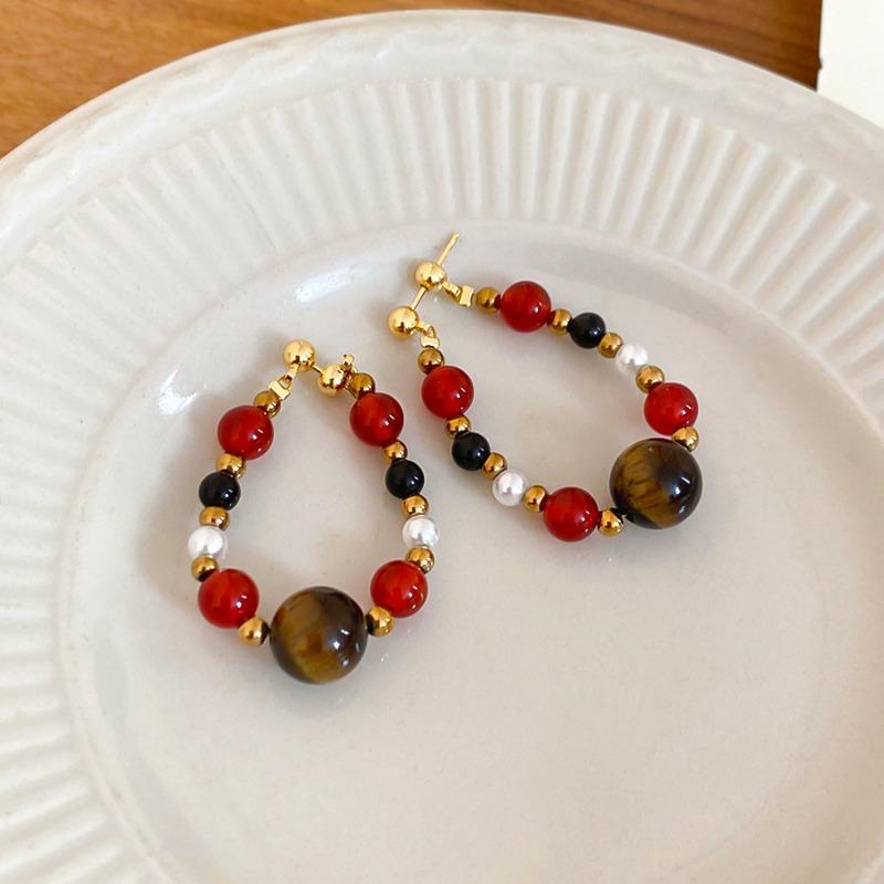 Silver Needle Round Black Gallstone Tiger s Eye Pearl Earrings Light Luxury Premium Stud Earrings Maillard Retro Earrings Earrings
