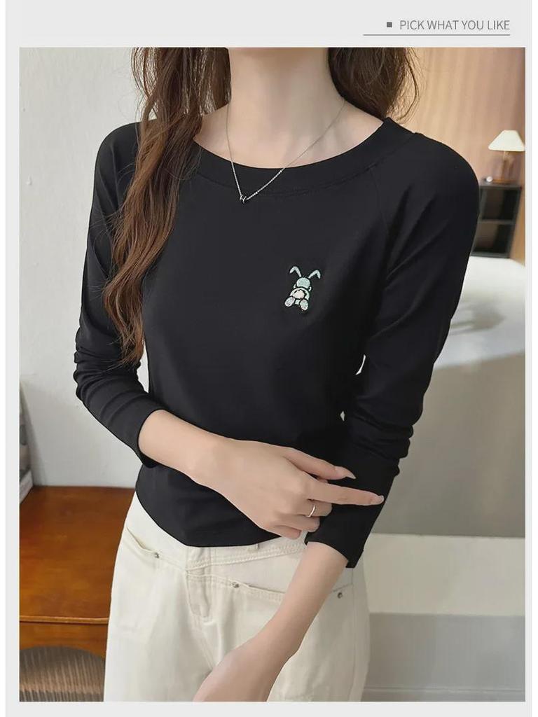 Women's 2024 Autumn Slim Fit Cotton Long-Sleeve Round Neck Embroidered Top