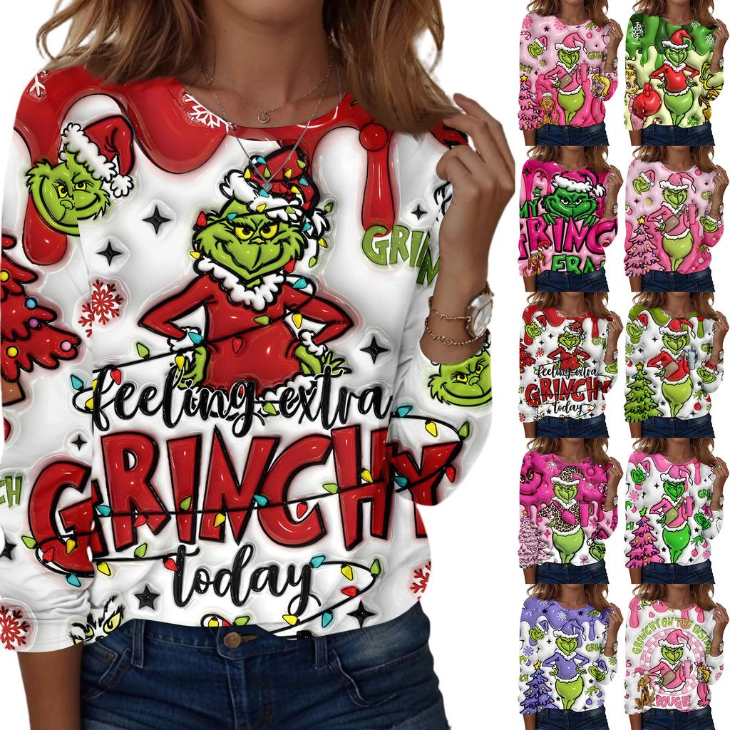 Damenmode, lässig, langärmelig, bedruckt, Rundhalsausschnitt, Pullover, Top, Bluse