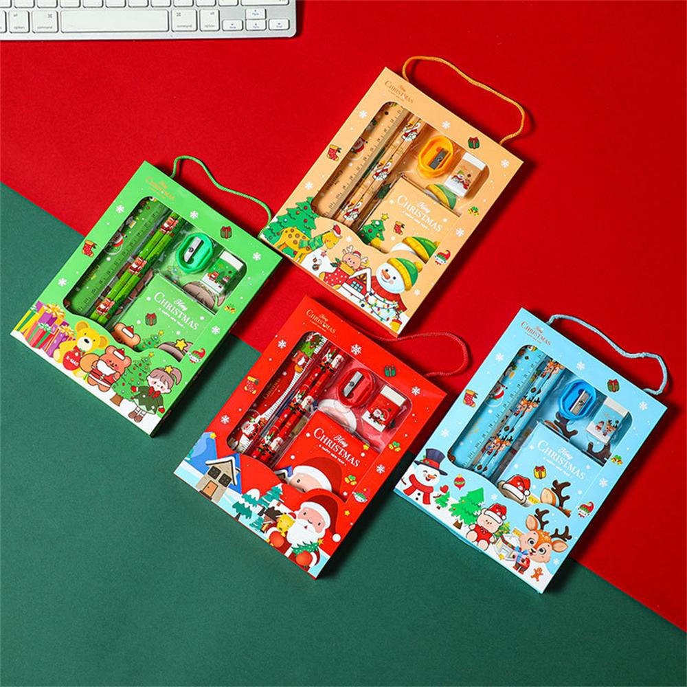 6pcs Christmas Stationery Set Kids Cartoon Pencils Eraser Ruler Memo Pads Pencil Knife Set School Supplies Back To School Gift
