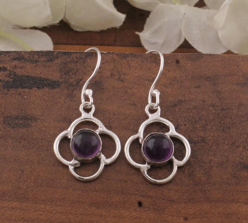Solid 925 Sterling Silver Round Amethyst Gemstone Floral Designer Handmade Dangle Drop Earrings
