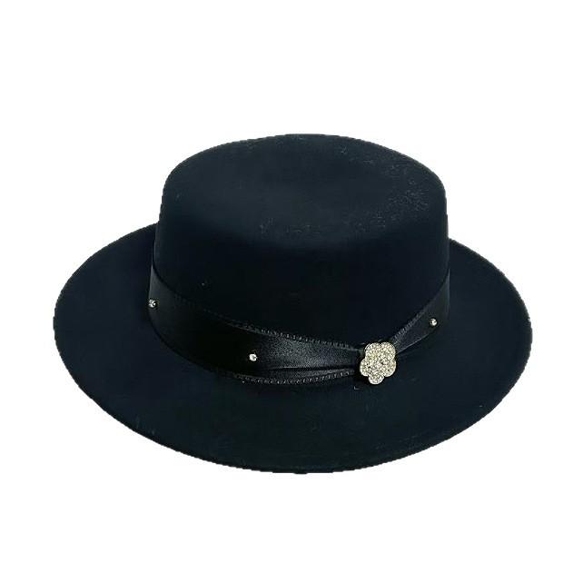 Autumn and Winter New Exquisite Rhinestone Flower Decoration Wool Top Hat Female Hepburn Style Black Flat Top Hat French Jazz Hat