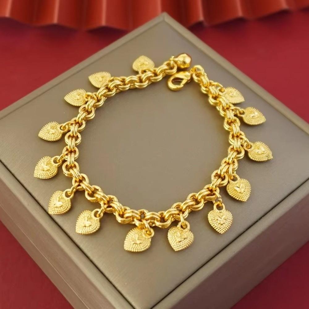 Elegant Heart Charm Hand Chain Heart-shaped Bell Multi Bead Cuban Chain  Daily
