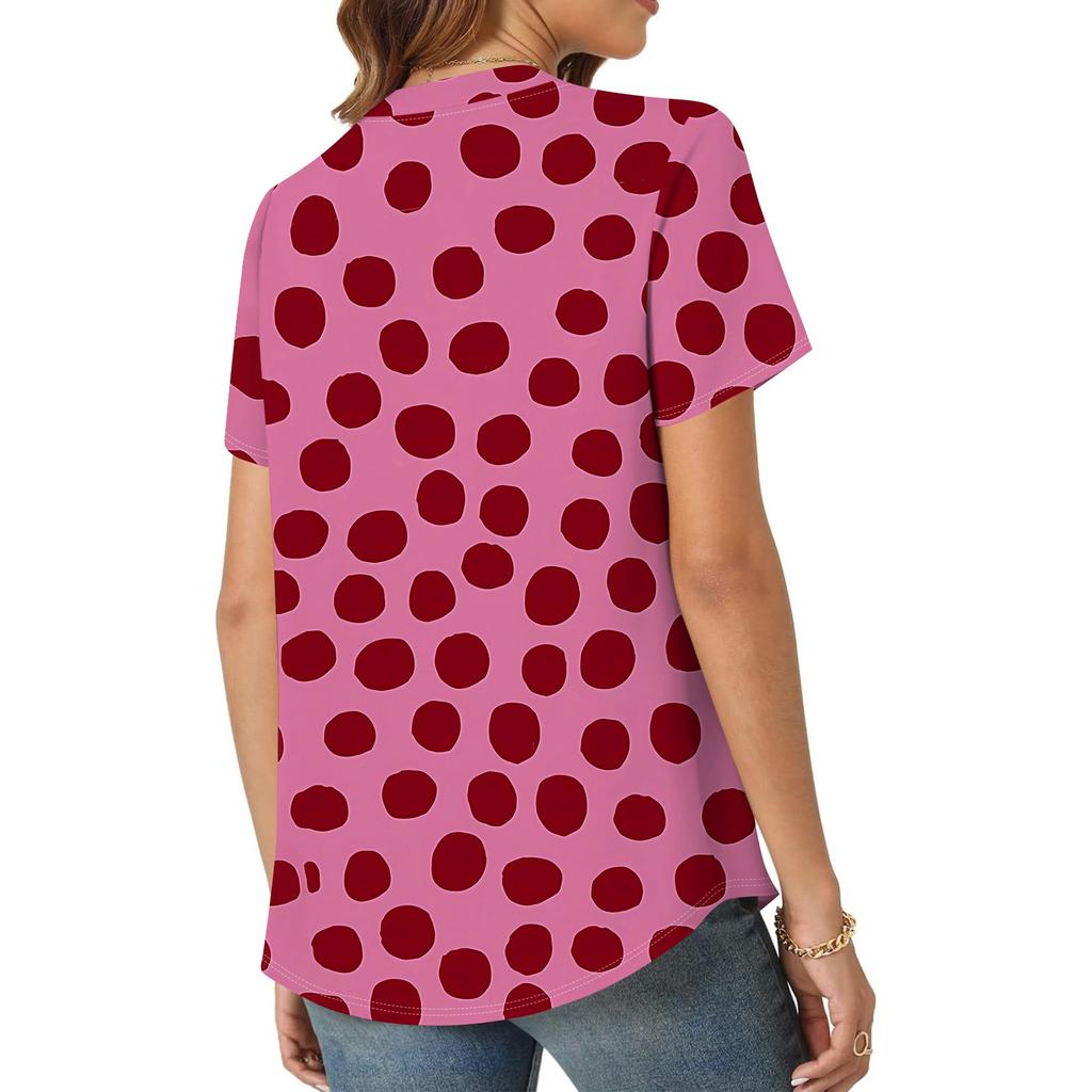 Women's Short Sleeve Casual V-neck Chest Pleated Printed Loose T-shirt Top