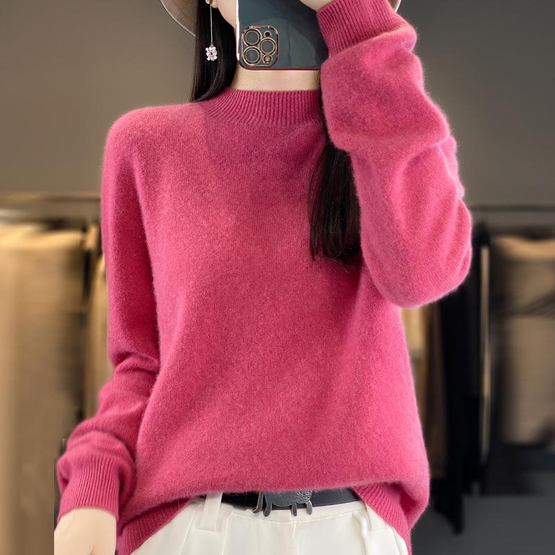 Women's Seamless Knit Half-High Neck Pullover: Loose, Slim-Fitting, Long Sleeve Sweater for Autumn/Winter