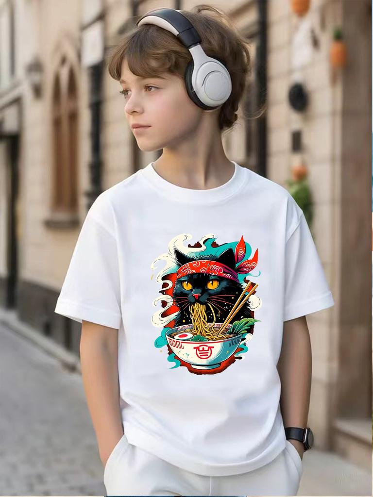 Best-Selling Children's Short-Sleeved Clothing. Cartoon-Style Retro Black Cat Eating Ramen Print Children's T-Shirt. Casual Top