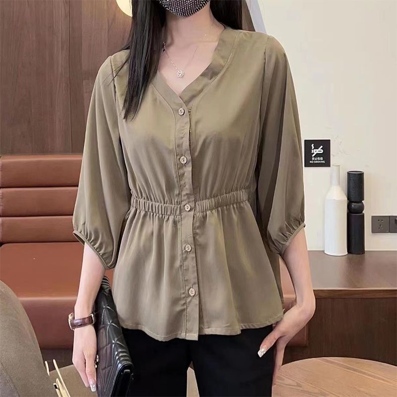 

Large size women s clothing summer loose seven-quarter-sleeved shirt women s fat mm high-end thin belly cover waist short-sleeved top 4XL (160-90 kg) кавовий