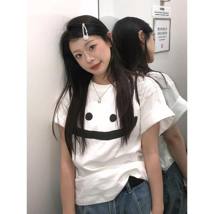 

Guochao oversize short-sleeved women s summer smiley face printed t-shirt pure cotton casual loose white top high sense S