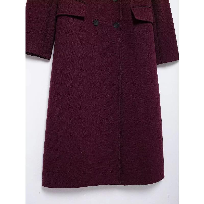 Women Fashion Burgundy Coat Double Breasted Long Sleeve Lapel Blends Jacket High Street Outerwear
