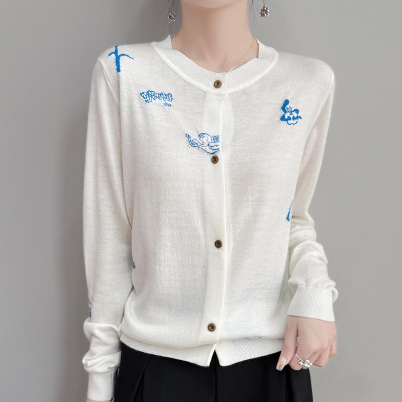 Nový jarní pletený kardigan s kulatým výstřihem a výšivkou, volný a všestranný design