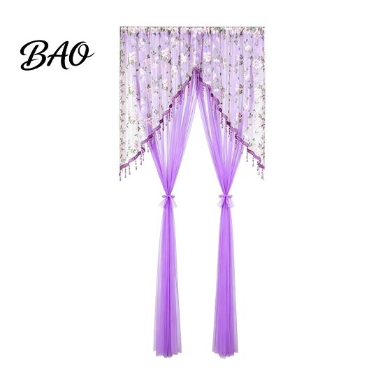 Polyester Sheer Window Dressing Lace Door Curtain, Embroidered Floral Doorway Curtain with Beads, Easy Install Renters Rod Pocket Room Divider