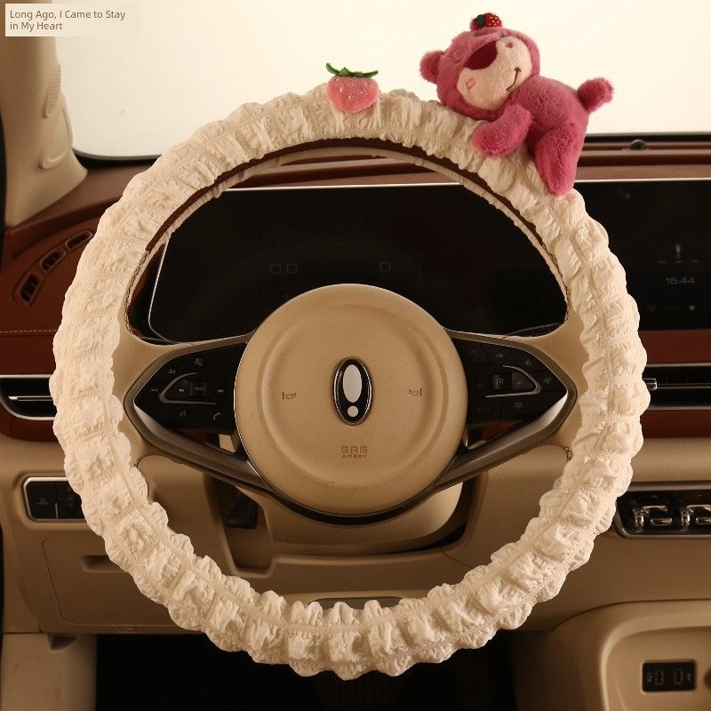 Car Steering Wheel Cover for All Seasons, Cute Pink Z Strawberry Bear, Women's Sweat-Absorbent D-Shaped Handlebar Cover, Women's Winter Model