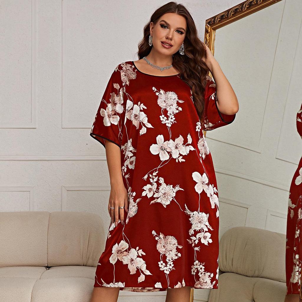 Plus Size Women's Mid-Length Silk Print Pajama Dress - Summer Pullover Nightwear