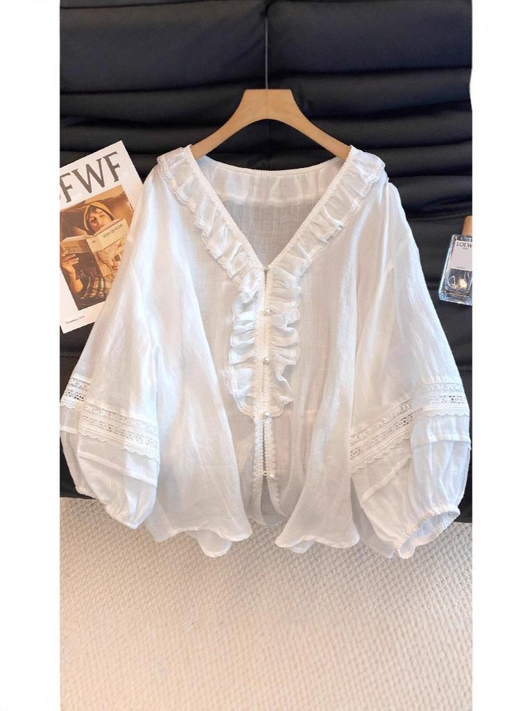 Summer Blouse With Ruffled Lace Trim Vneck Long Sleeve For Women
