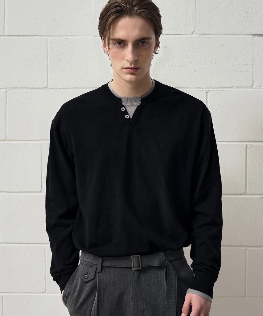 DRAW FIT Double Layered Soft Henley Neck Knit [Black]