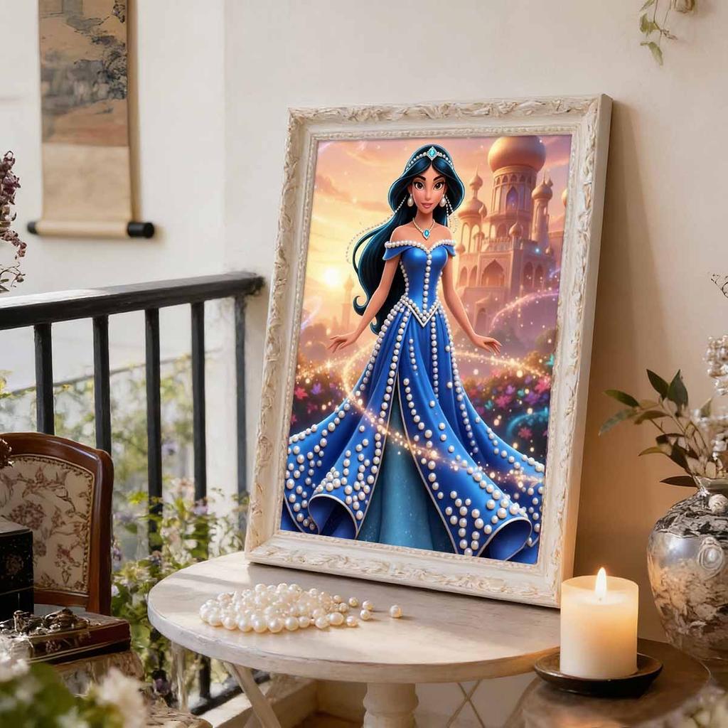 Disney Pearl Painting Jasmine Princess Blue Pearl Strapless Floor Length Dress 5D Pearl Embroidery Cross StitchSetforHomeandClassroomDecorationPurpose