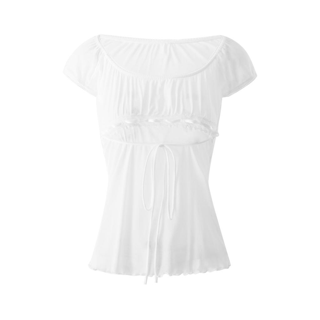 Women 's Lace Flower Crochet Tops, Cap Sleeve Low Cut Drawstring T-shirt Female Off Shoulder Clothing