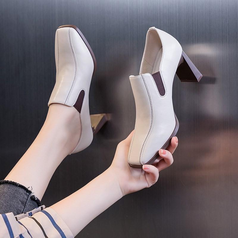 Women's Fashion Chunky Heel Slip-On Square Toe High Heels - British Style Leather Shoes for Autumn/Winter 2025