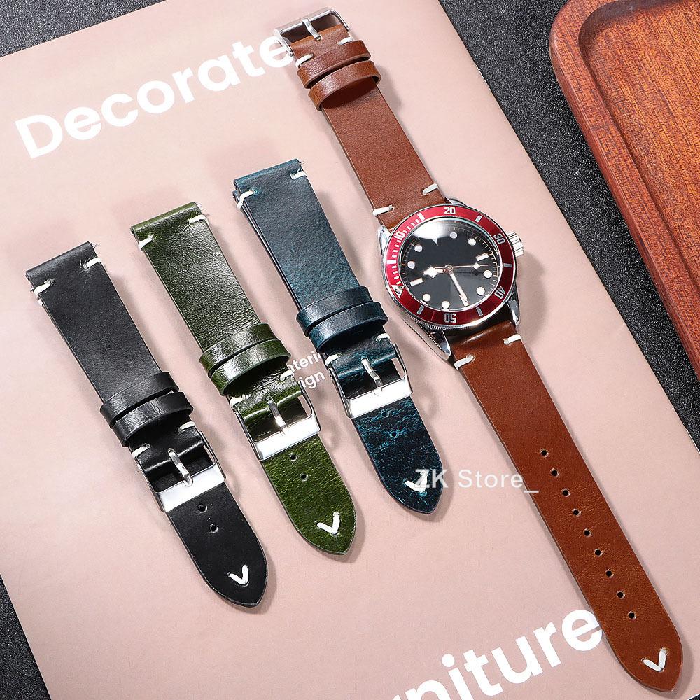 Retro Oil Wax Genuine Calfskin Watch Band Quick Release Handmade Stitching Leather Watch Strap 18mm 20mm 22mm Watch Accessories