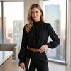 Women's Semi-High Neck Pleated Long Sleeve Blouse for Work Business Casual