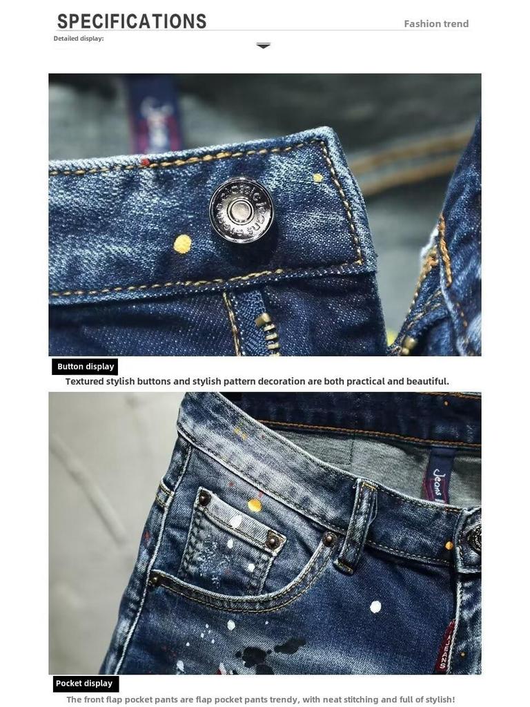 Pánské trendy roztrhané džínové šortky - Léto 2024, Elastické stříkané středně dlouhé rovného střihu