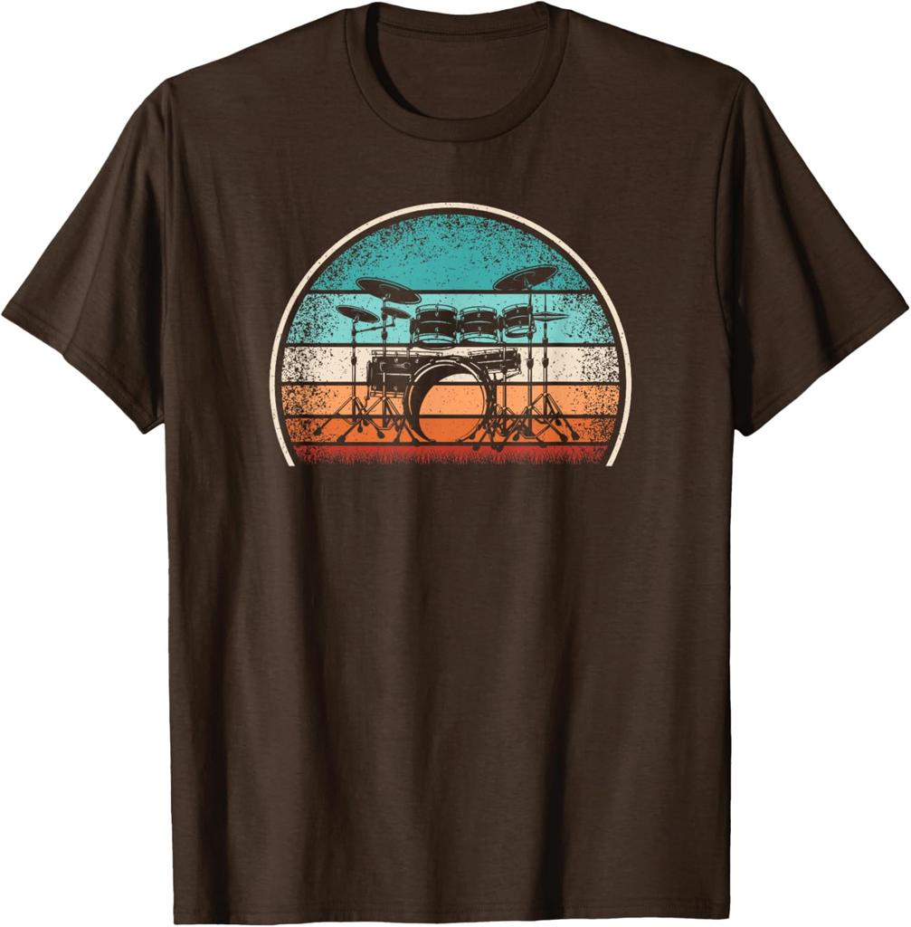 Retro Drum Set Drummer Vintage Sunset Graphic Tee Casual Cotton T-Shirt for Music Lovers