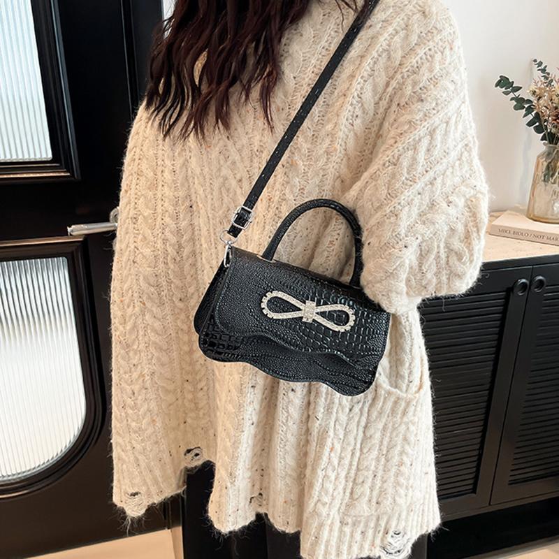 PU Leather Alligator Pattern Small Square Handbag Bow Design Women's Solid Color Fashion Shoulder Crossbody Bag AVE