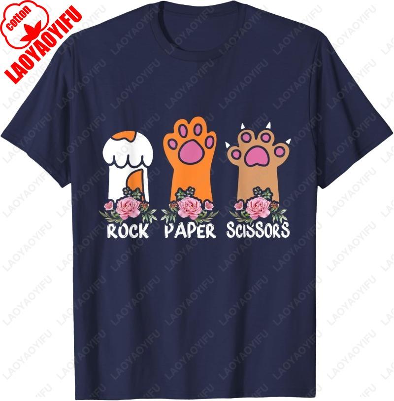 Rock Paper Scissors Hand Game Meme Animal Paw Flower Cat Men Women Cotton TShirt Trend Cute Meowy Oneck Printed Unisex Tops