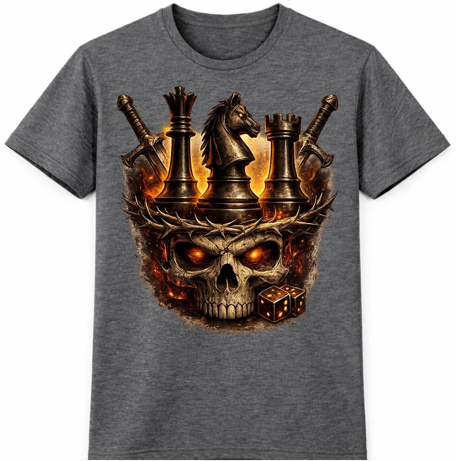 Skull Chess Graphic TShirt King Knight Rook Dark Fantasy Strategy Design Tee