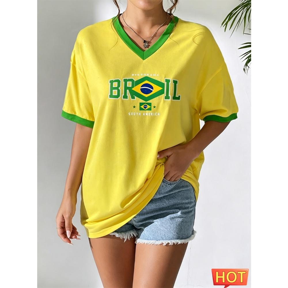 T-shirt da donna estiva con scollo a V Maglietta da calcio brasiliana Maglia da donna con gradiente giallo verde Asciugatura rapida nuova T-shirt brasiliana