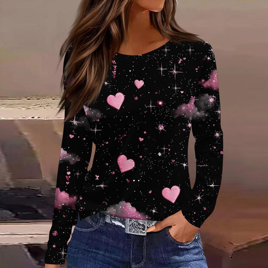 Damen Modisches Langarm-Rundhals-Oberteil mit Schlitzsaum und Valentinstag-Herzprint