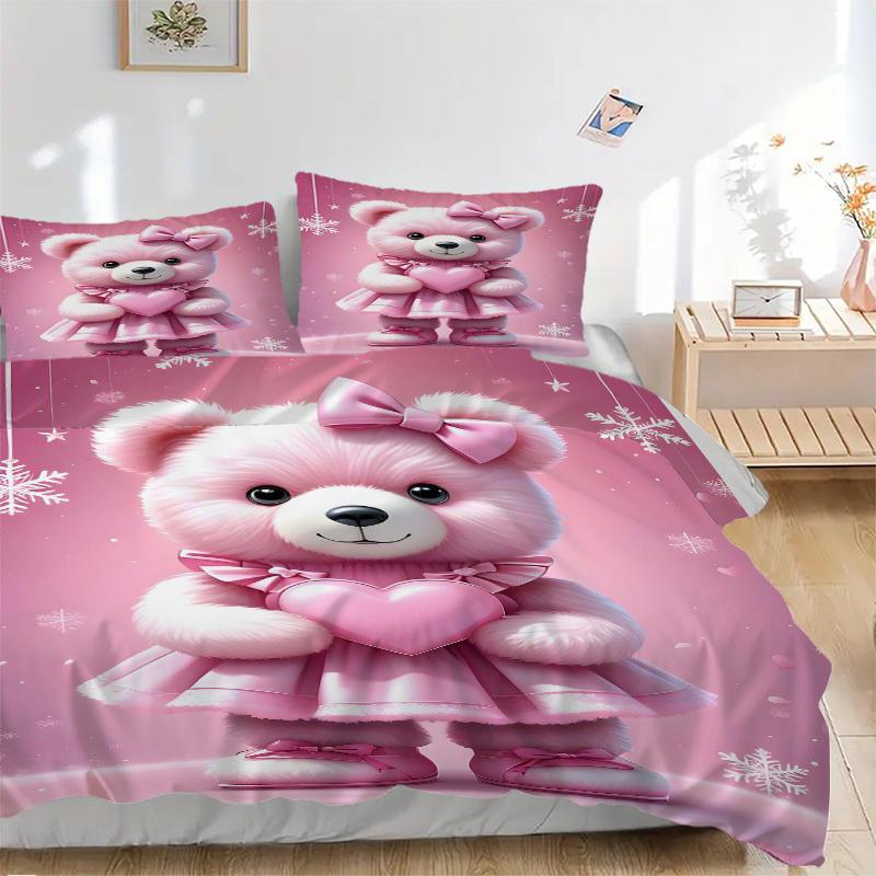 3pc Pink Teddy Bear Bedding Set, Includes One Quilt Cover and Two Pillowcases (No Core), Home Decor, Holiday Gift, Polyester Fabric, Suitabl