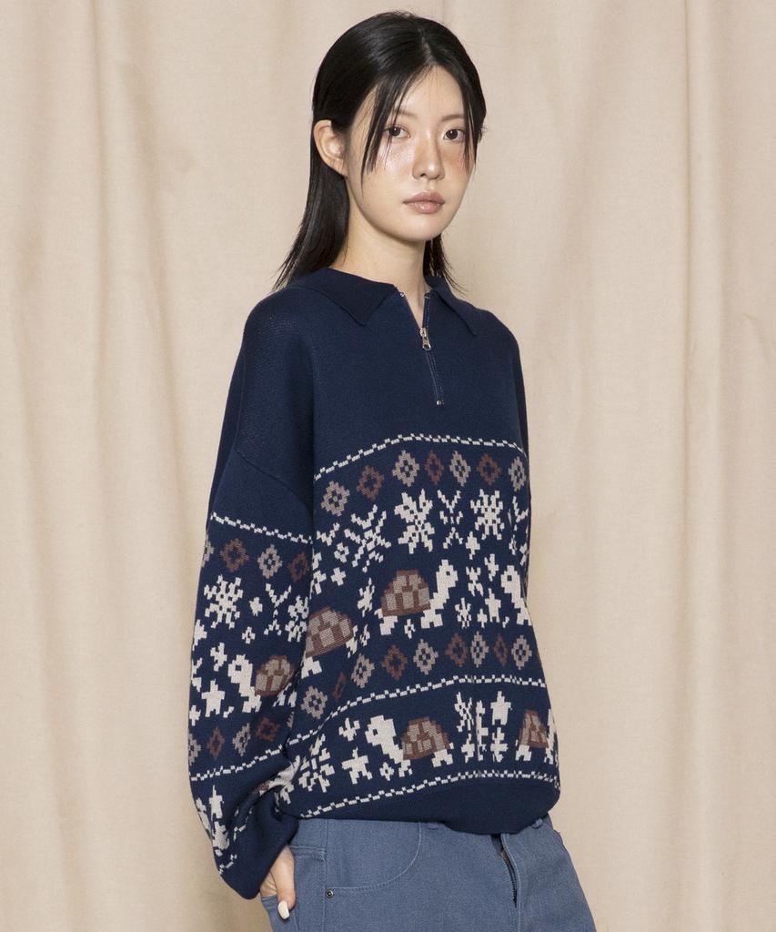 GLACK Gnt049 Turtles Fair Isle Nordic Knit (Navy)