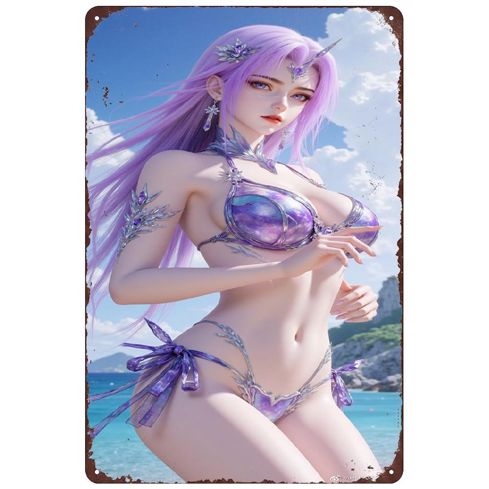 Vintage Retro Metal Tin Sign Yue Liu Fairy from Perfect World Anime Beach Theme Wall Art for Bedroom Bar Game Room Decor
