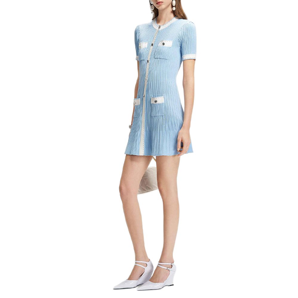 Karl Lagerfeld Romantic Elegant Single-Breasted Round Neck Knit Midi Dress Short Sleeve Women dresses Blue M22E1334