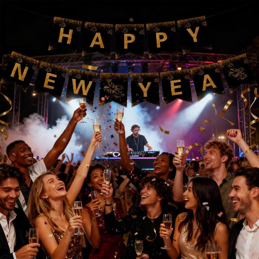 2026 Happy New Year Banner, Black and Gold Party Decorations New Year's Day Gala Party Decorations and Hanging Ornaments